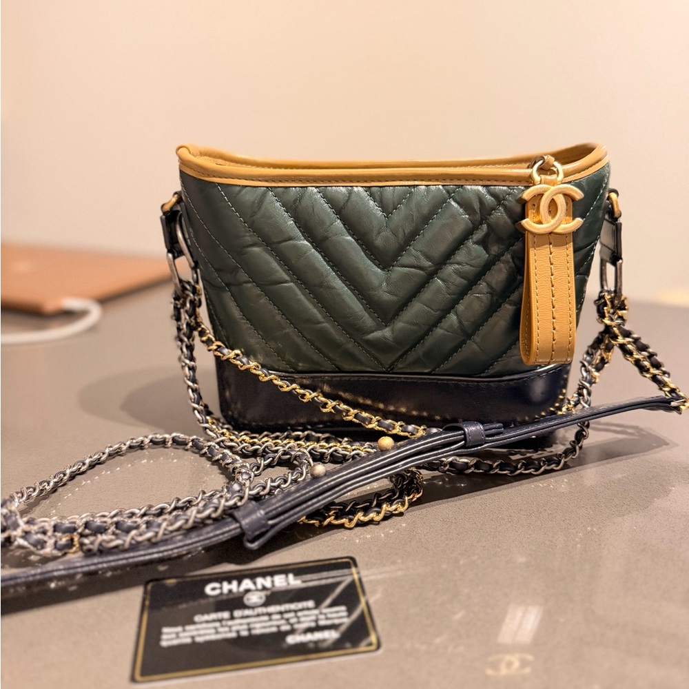 Chanel Green and Tan Quilted Small Gabriel Bag